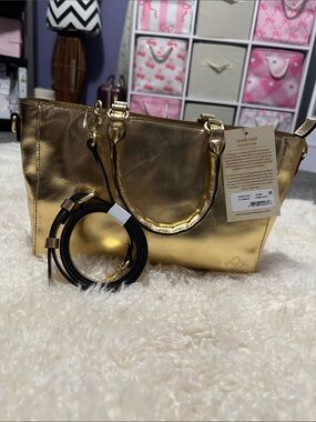 NWT Patricia Nash Metallic Gold Leather Satchel with Removable Strap